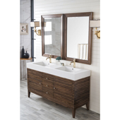  Linear 59'' Double Bathroom Vanity Cabinet in Mid Century Walnut Finish with Solid Surface Top and Sinks in Glossy White