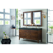  Linear 59'' Double Bathroom Vanity Cabinet in Mid Century Walnut Finish with Solid Surface Top and Sinks in Glossy Dark Gray