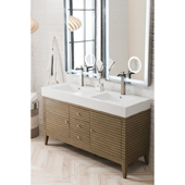  Linear 59'' Double Bathroom Vanity Cabinet in Whitewashed Walnut Finish with Solid Surface Top and Sinks in Glossy White