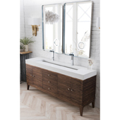  Linear 72'' Double Bathroom Vanity Cabinet in Mid Century Walnut Finish with Solid Surface Top and Sinks in Glossy White