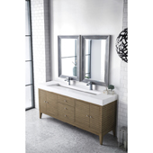  Linear 72'' Double Bathroom Vanity Cabinet in Whitewashed Walnut Finish with Solid Surface Top and Sinks in Glossy White