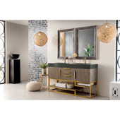  Columbia 59'' Double Bathroom Vanity in Ash Gray and Radiant Gold Finishes with Glossy Dark Gray Solid Surface Top and Sink
