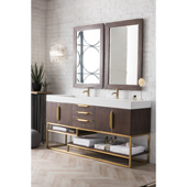  Columbia 72'' Double Bathroom Vanity in Coffee Oak and Radiant Gold Finishes with Glossy White Solid Surface Top and Sink