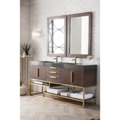  Columbia 72'' Double Bathroom Vanity in Coffee Oak and Radiant Gold Finishes with Glossy Dark Gray Solid Surface Top and Sink