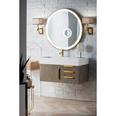  Mercer Island 36'' Single Wall Mounted Bathroom Vanity in Ash Gray and Radiant Gold Hardware with Glossy White Solid Surface Sink Top