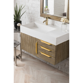  Mercer Island 36'' Single Wall Mounted Bathroom Vanity in Latte Oak and Radiant Gold Hardware with Glossy White Solid Surface Sink Top