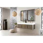  Mercer Island 59'' Double Wall Mounted Bathroom Vanity in Ash Gray and Radiant Gold Finishes with Glossy White Solid Surface Top and Sink