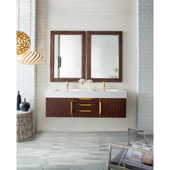  Mercer Island 59'' Double Wall Mounted Bathroom Vanity in Coffee Oak and Radiant Gold Finishes with Glossy Dark Gray Solid Surface Top and Sink