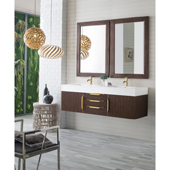  Mercer Island 59'' Double Wall Mounted Bathroom Vanity in Coffee Oak and Radiant Gold Finishes with Glossy White Solid Surface Top and Sink