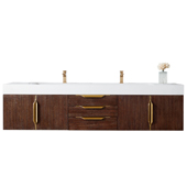  Mercer Island 72'' Double Wall Mounted Bathroom Vanity in Coffee Oak and Radiant Gold Finishes with Glossy White Solid Surface Top and Sink