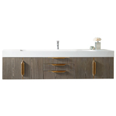  Mercer Island 72'' Single Wall Mounted Bathroom Vanity in Ash Gray and Radiant Gold Hardware with Glossy White Solid Surface Sink Top