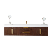  Mercer Island 72'' Single Wall Mounted Bathroom Vanity in Coffee Oak and Radiant Gold Hardware with Dusk Grey Composite Sink Top