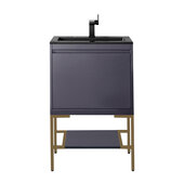  Milan 23-5/8'' W Single Vanity Cabinet in Modern Grey Glossy and Radiant Gold Metal Base with Charcoal Black Composite Sink Top