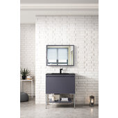  Milan 31-1/2'' W Single Vanity Cabinet, Modern Grey Glossy, Brushed Nickel with Charcoal Black Composite Top, 31-1/2'' W x 18-1/8'' D x 36'' H