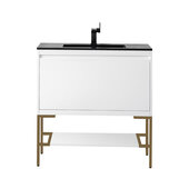  Milan 35-3/8'' W Single Vanity Cabinet in Glossy White and Radiant Gold Metal Base with Charcoal Black Composite Sink Top
