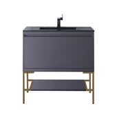  Milan 35-3/8'' W Single Vanity Cabinet in Modern Grey Glossy and Radiant Gold Metal Base with Charcoal Black Composite Sink Top
