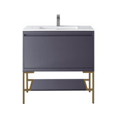  Milan 35-3/8'' W Single Vanity Cabinet in Modern Grey Glossy and Radiant Gold Metal Base with Glossy White Composite Sink Top