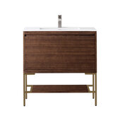  Milan 35-3/8'' W Single Vanity Cabinet in Mid Century Walnut and Radiant Gold Metal Base with Glossy White Composite Sink Top