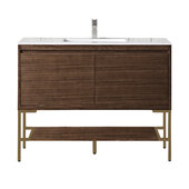  Milan 47-5/16'' W Single Vanity Cabinet in Mid Century Walnut and Radiant Gold Metal Base with Glossy White Composite Sink Top