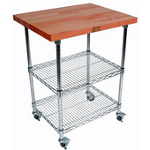  Metropolitan Wire Cart with 1-1/2'' Thick Blended Cherry Top, Chrome Shelves and Locking Casters, 27''W x 21''D x 36''H