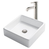  White Square Ceramic Sink and Ramus Faucet, Satin Nickel