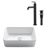  Elavo™ Modern Rectangular Vessel White Porcelain Ceramic Bathroom Sink, 19'' W Ramus™ Single Handle Vessel Bathroom Sink Faucet With Pop-Up Drain In Matte Black, 19-1/4'' WW x 15-1/4'' WD x 5-3/8'' WH