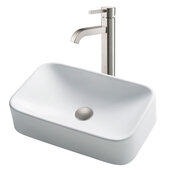  White Rectangular Ceramic Sink and Ramus Faucet, Satin Nickel