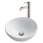  White Round Ceramic Sink and Ramus Faucet, Satin Nickel