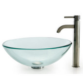  Clear Glass Vessel Sink and Ramus Faucet  Set, Satin Nickel