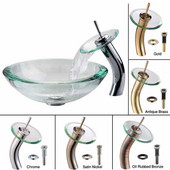  Clear 34mm edge Glass Vessel Sink and Waterfall Faucet Set, Chrome