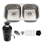 Premier 32'' Wide Undermount 50/50 Double Bowl 16 Gauge Stainless Steel Kitchen Sink with WasteGuard™ Continuous Feed Garbage Disposal