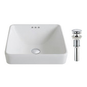  Elavo White Ceramic Square Semi-Recessed Bathroom Sink with Overflow & Pop-Up Drain, Chrome