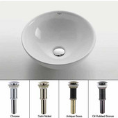  White Round Ceramic Sink with Satin Nickel Pop Up Drain, 16'' Dia. x 6-1/4''H