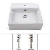  White Square Ceramic Sink and Pop Up Drain with Satin Nickel Overflow, 18-3/5''W x 18-3/5''D x 5-4/5''H