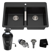  33'' Wide Dual Mount 50/50 Double Bowl Granite Kitchen Sink w/ Top mount and Undermount Installation in Black Onyx with WasteGuard™ Continuous Feed Garbage Disposal