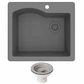  Quarza 25'' Dual Mount Single Bowl Granite Kitchen Sink and Strainer in Grey, 25'' W x 22'' D x 9-1/2'' H