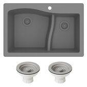 KRAUS Quarza™ 33'' Dual Mount 60/40 Double Bowl Granite Kitchen Sink and Strainers in Grey, 33'' W x 22'' D x 10-5/8'' H