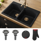  Forteza™ 33” Dual Mount 50/50 Double Bowl Granite Kitchen Sink in Black