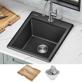  Bellucci™ 18'' Granite Composite Workstation Drop-In Top Mount Single Bowl Kitchen Bar Sink in Metallic Black with Accessories