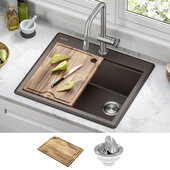  Bellucci™ 25'' Granite Composite Workstation Drop-In Top Mount Single Bowl Kitchen Sink in Metallic Brown with Accessories
