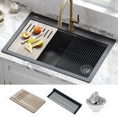  Bellucci Workstation 33'' Drop-In Granite Composite Single Bowl Kitchen Sink in Metallic Black with Accessories, 33'' W x 22'' D x 9-5/8'' H