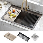  Bellucci Workstation 33'' Drop-In Granite Composite Single Bowl Kitchen Sink in Metallic Brown with Accessories, 33'' W x 22'' D x 9-5/8'' H