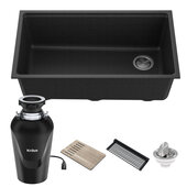  Bellucci Workstation 33'' Wide Undermount Granite Composite Single Bowl Kitchen Sink in Metallic Black with Accessories with WasteGuard™ Continuous Feed Garbage Disposal