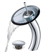 KRAUS Tall Waterfall Bathroom Faucet for Vessel Sink with Clear Black Glass Disk and Pop-Up Drain, Chrome Finish, Faucet Height: 12-3/4'' H, Spout Reach: 6-1/8'' D, Spout Height: 8'' H, Glass Disk: 7-1/4'' Diameter