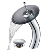 KRAUS Tall Waterfall Bathroom Faucet for Vessel Sink with Frosted Black Glass Disk and Pop-Up Drain, Chrome Finish, Faucet Height: 12-3/4'' H, Spout Reach: 6-1/8'' D, Spout Height: 8'' H, Glass Disk: 7-1/4'' Diameter