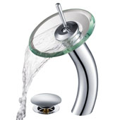 KRAUS Tall Waterfall Bathroom Faucet for Vessel Sink with Clear Glass Disk and Pop-Up Drain, Chrome Finish, Faucet Height: 12-3/4'' H, Spout Reach: 6-1/8'' D, Spout Height: 8'' H, Glass Disk: 7-1/4'' Diameter