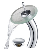 KRAUS Tall Waterfall Bathroom Faucet for Vessel Sink with Frosted Glass Disk and Pop-Up Drain, Chrome Finish, Faucet Height: 12-3/4'' H, Spout Reach: 6-1/8'' D, Spout Height: 8'' H, Glass Disk: 7-1/4'' Diameter