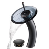 KRAUS Tall Waterfall Bathroom Faucet for Vessel Sink with Clear Black Glass Disk and Pop-Up Drain, Oil Rubbed Bronze Finish, Faucet Height: 12-3/4'' H, Spout Reach: 6-1/8'' D, Spout Height: 8'' H, Glass Disk: 7-1/4'' Diameter