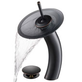 KRAUS Tall Waterfall Bathroom Faucet for Vessel Sink with Frosted Black Glass Disk and Pop-Up Drain, Oil Rubbed Bronze Finish, Faucet Height: 12-3/4'' H, Spout Reach: 6-1/8'' D, Spout Height: 8'' H, Glass Disk: 7-1/4'' Diameter