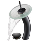 KRAUS Tall Waterfall Bathroom Faucet for Vessel Sink with Frosted Glass Disk and Pop-Up Drain, Oil Rubbed Bronze Finish, Faucet Height: 12-3/4'' H, Spout Reach: 6-1/8'' D, Spout Height: 8'' H, Glass Disk: 7-1/4'' Diameter